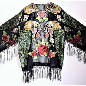 Burnout velvet fringed kimono robe coat jacket